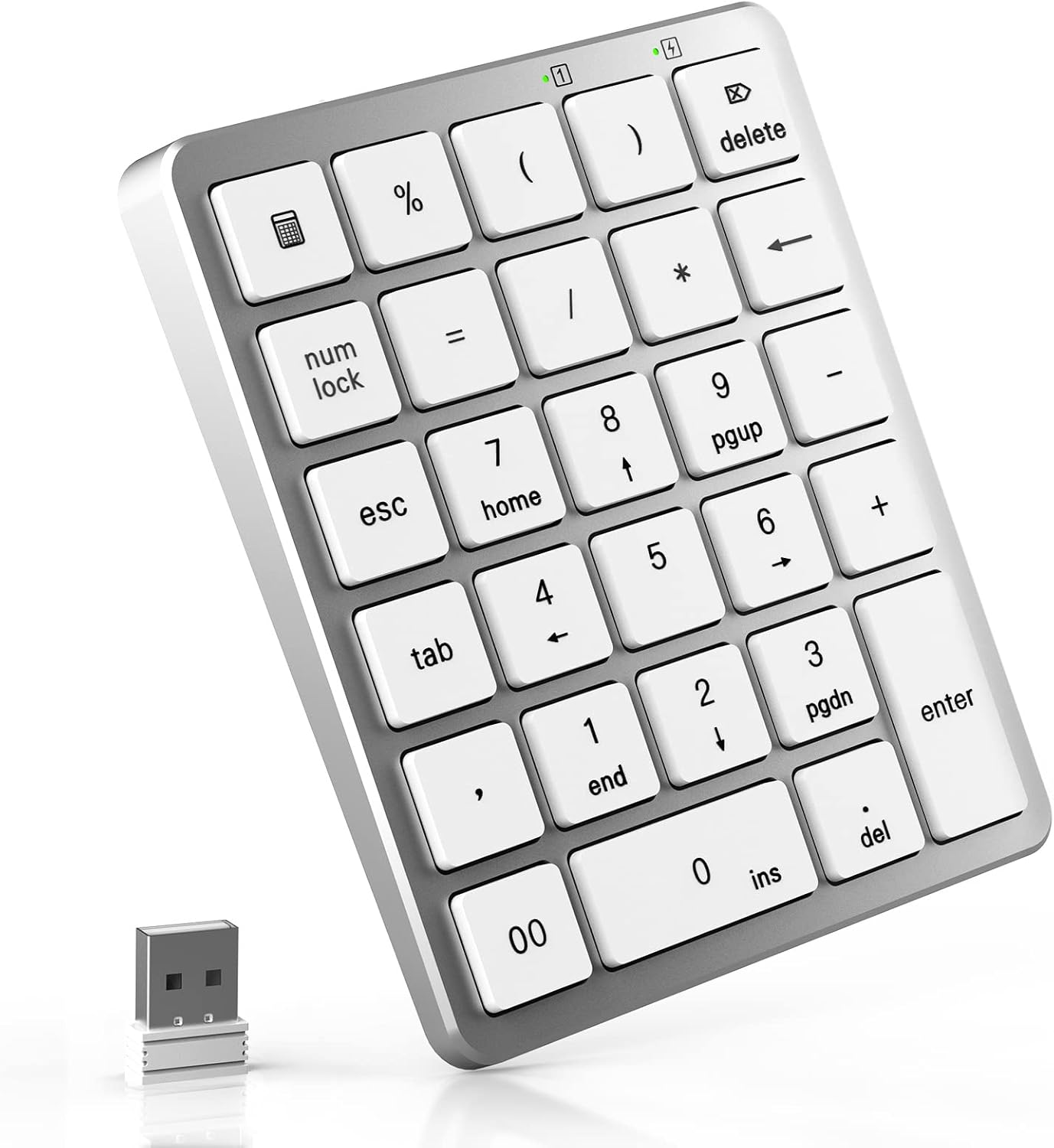 PINKCAT Wireless Number Pad, 28 Keys Numeric Keypad with 2.4G Mini USB Receiver, Portable Number Numpad Financial Accounting for Laptop, PC, Notebook, Desktop, Surface Pro – Silver