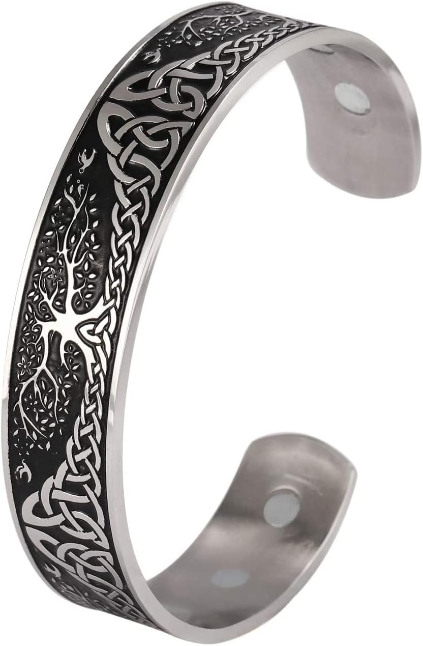 LIKGREAT YGGDRASIL World Tree of Life Bracelet Health Care Stainless Steel Cuff Bangle Bracelet for Men (New shiny black)