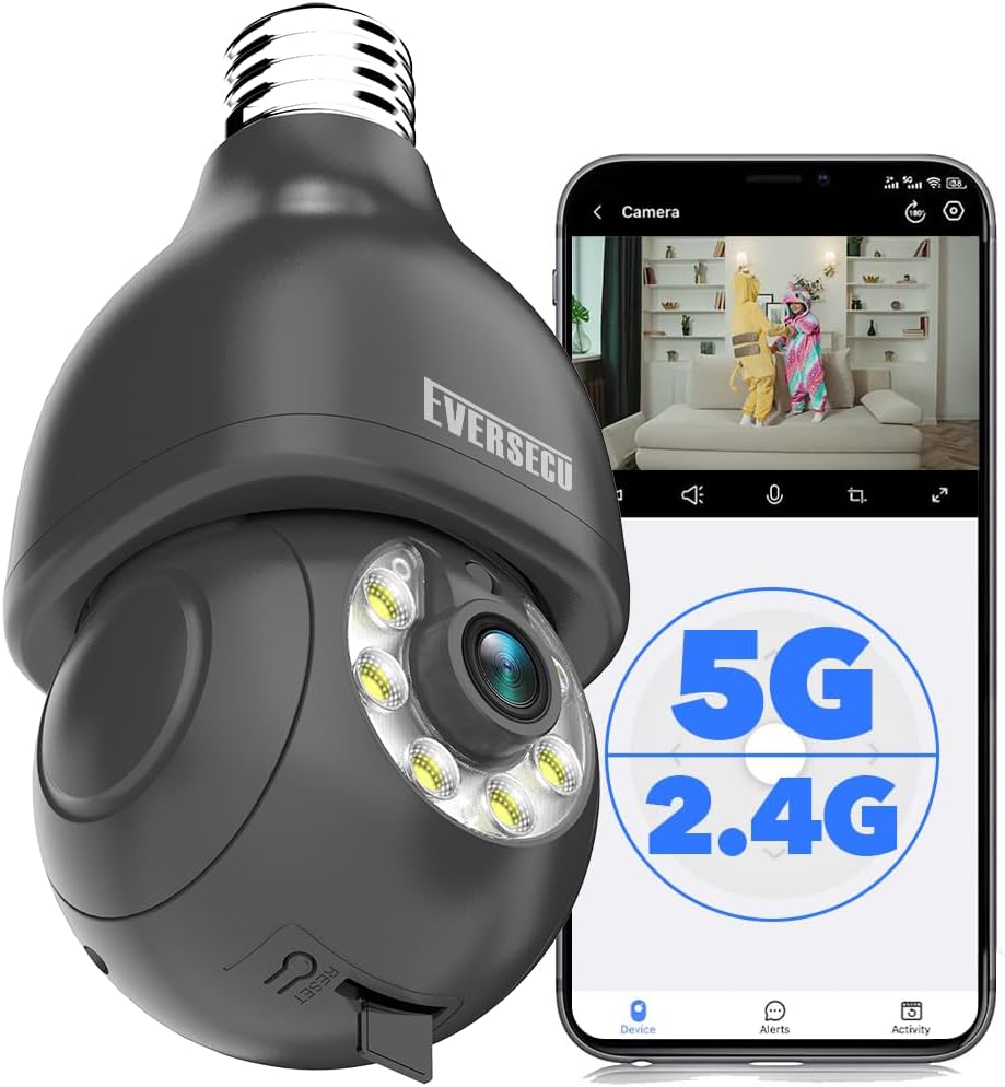 EVERSECU 2K HD Light-Bulb Security Camera, Wireless 2.4G&5Ghz WiFi, Outdoor&Indoor, RTSP Stream, Work with Alexa, 360° View, Auto Tracking, 2 Way Audio, Motion Detection, Remote View