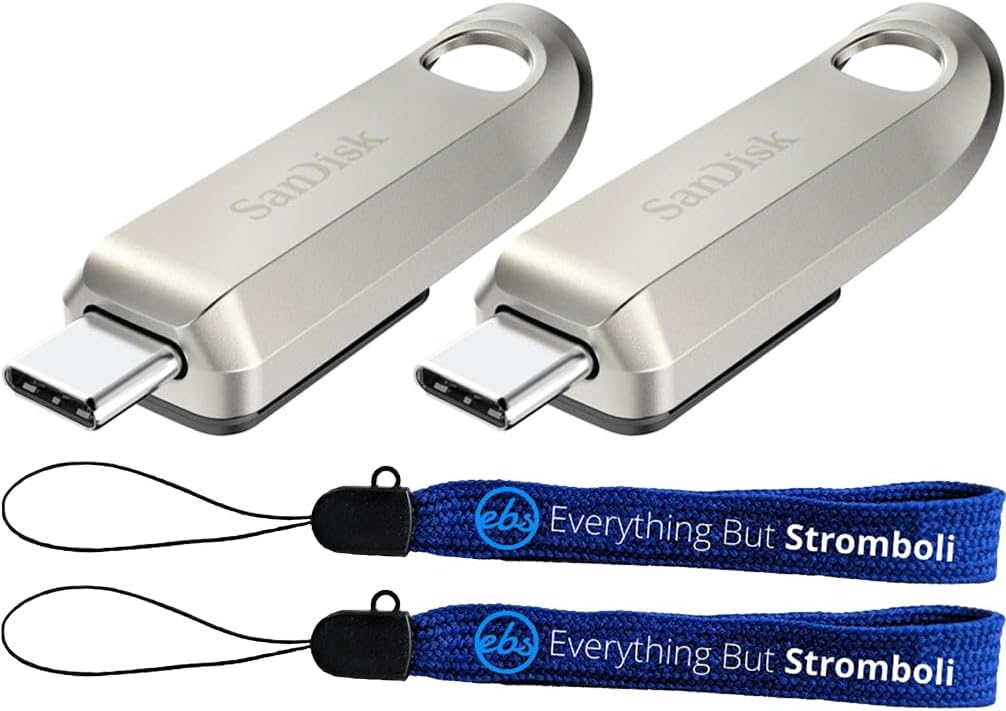 SanDisk Type-C Ultra Luxe USB 3.2 Gen 1 256GB Flash Drive 2 Pack Up to 400 MB/s Read Speed Compatible with Computers and Laptops (SDCZ75-256G-G46) Bundle with (2) Everything But Stromboli Lanyards