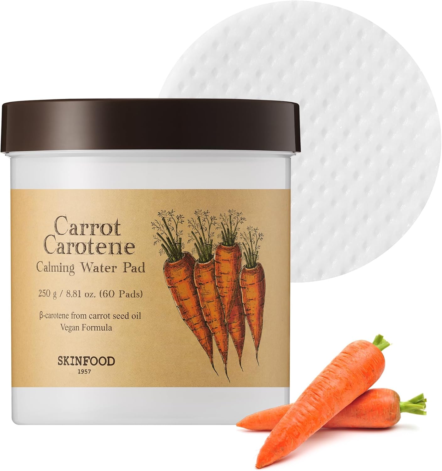 SKINFOOD Carrot Carotene Calming Water Pad 250g (8.81 oz.) 60 Sheets- Redness Relief Soothing Facial Toner Pads for Sensitive Skin, Cruelty Free, Valentine Day Gift