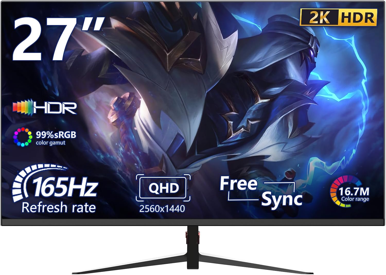 27inch Gaming Monitor 165Hz QHD(2560 x 1440p) 2K, 1ms, HDR10, DCI-P3 99% Color Gamut, Adaptive G-Sync, FreeSync Premium, HDMI, DisplayPort IPS Screen for Gaming Home Office