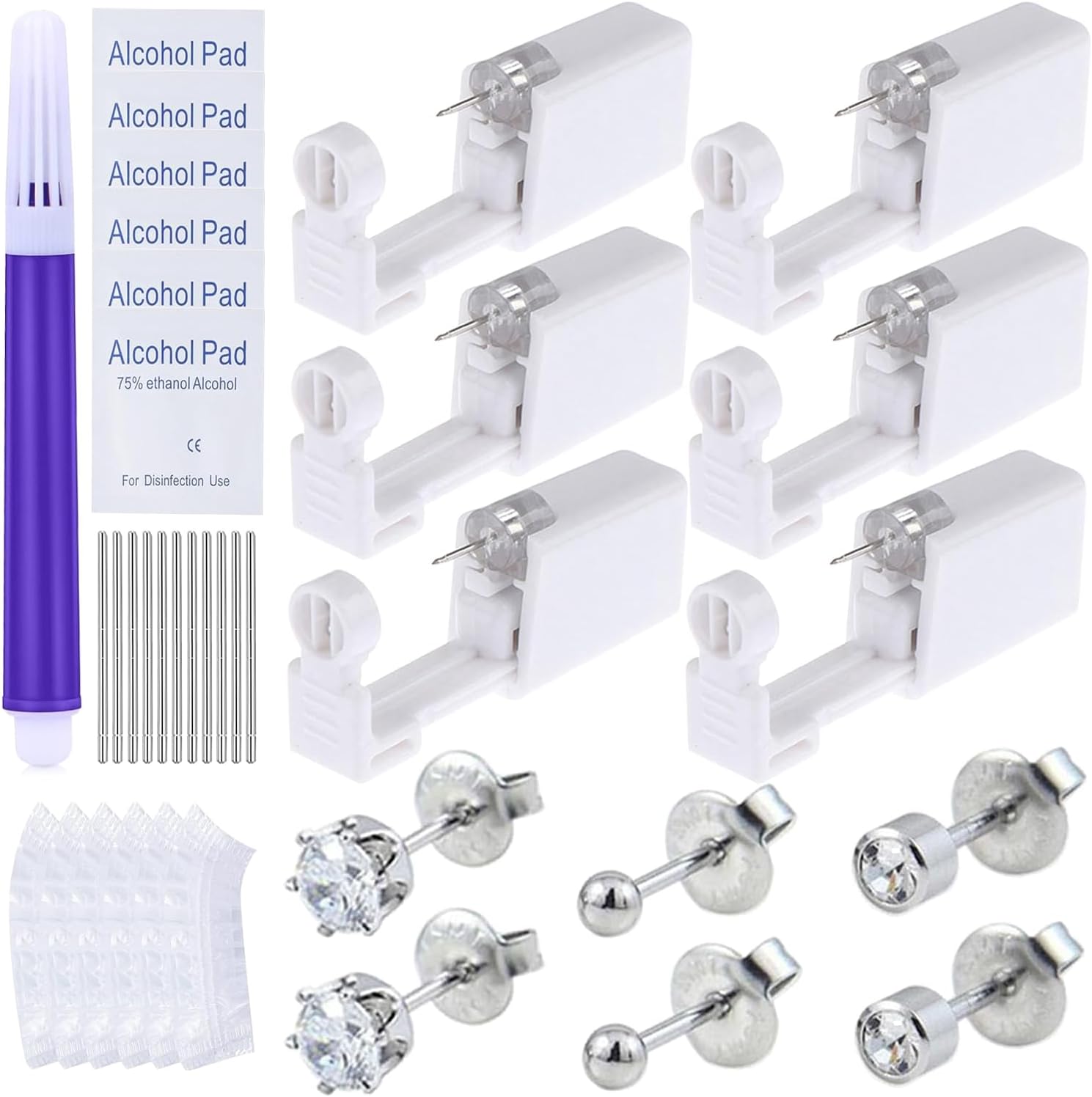 Ear Piercing Gun Kit 45Pcs Disposable Ear Piercing Kit Including 6Pcs Self Ear Piercing Gun with 6Pcs Built-in Earrings Stud and 6Pcs Clean Tools for Ear Cartilage Tragus Helix Piercing Kit