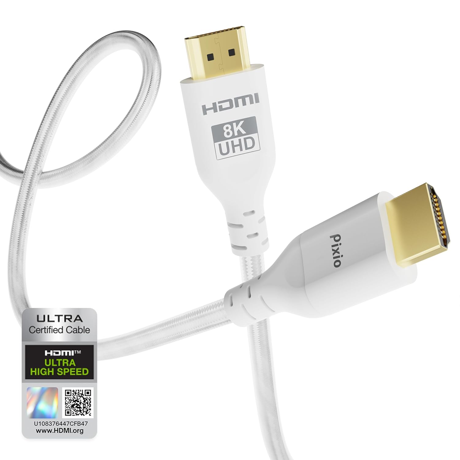 Pixio White 8K HDMI 2.1 Cable Ultra Certified Ultra High Speed 6FT 8K 60Hz 4K 120Hz Nylon Braided, Gold Plated Connector, Anti-Breakage, HDR10+, dtsx, eARC, HDCP, Dolby Compatible