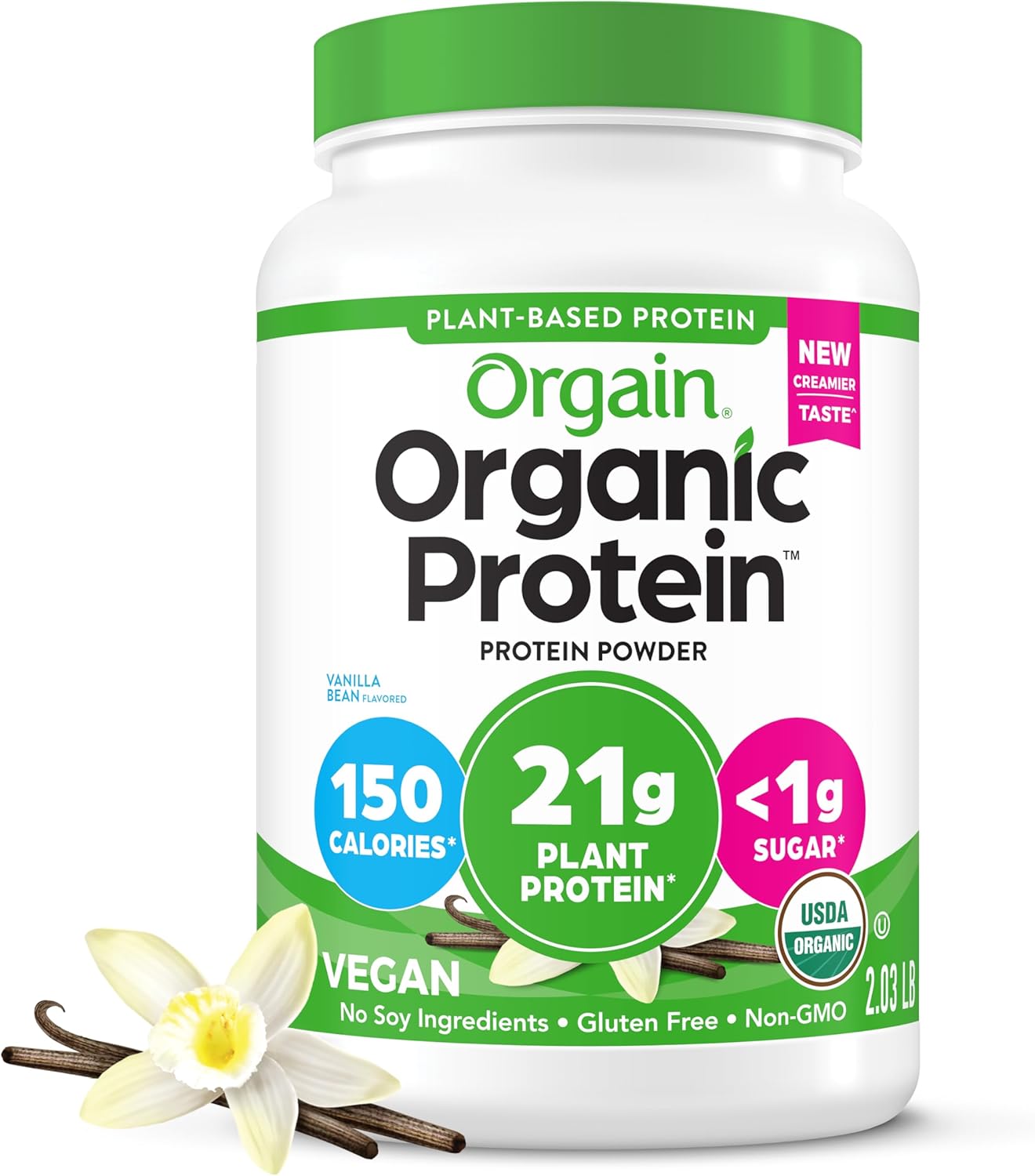 Orgain Organic Vegan Protein Powder, Vanilla Bean – 21g Plant Protein, 6g Prebiotic Fiber, No Lactose Ingredients, No Added Sugar, Non-GMO, For Shakes & Smoothies, 2.03 lb (Packaging May Vary)