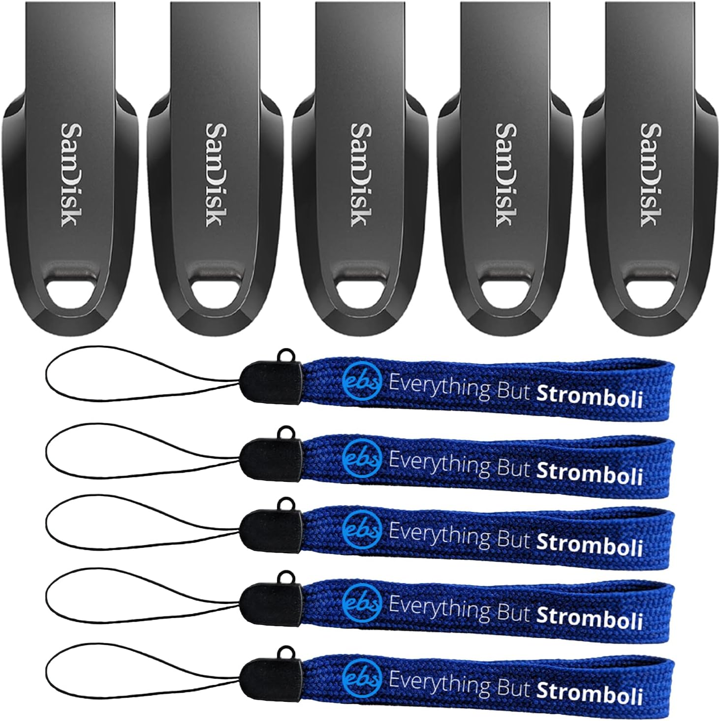 SanDisk 256GB Ultra Curve USB 3.2 Gen 1 Flash Drive (5 Pack) – SDCZ550-256G-G46 – Bundle with (5) Everything But Stromboli Lanyards