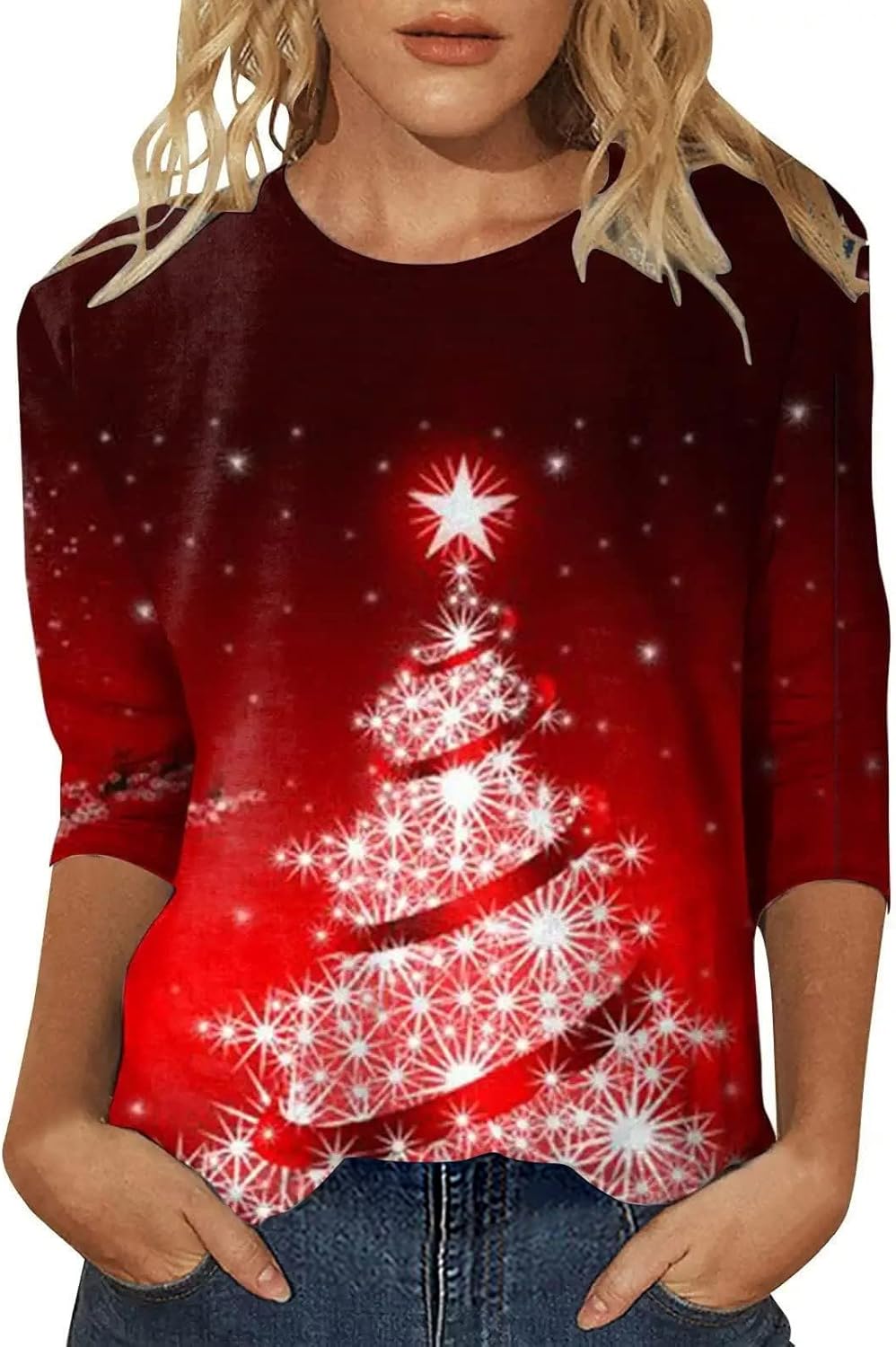 Christmas Shirts for Women 3/4 Sleeve Glitter Xmas Tree Print Tops Crewneck Cotton Pullover Blouse Gifts Tunic Tshirt