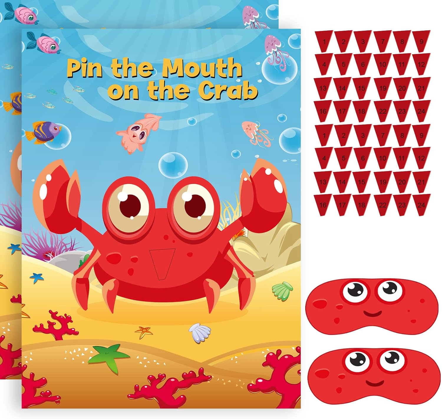 NEBURORA 2 Pack Pin The Mouth on The Crab Party Game 2 Large 21″x 28″ Posters with 48pcs Stickers Ocean-Themed Birthday Party Supplies Decorations for Kids Boys Classroom Game Wall Home Decor