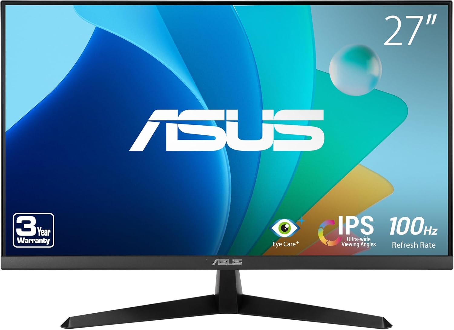 ASUS 27” 1080P Eye Care Monitor (VY279HF) – Full HD, IPS, 100Hz, SmoothMotion, 1ms, Adaptive Sync, for Working and Gaming, Blue Light Filter, Flicker Free, HDMI, VESA Mountable, 3 Year Warranty