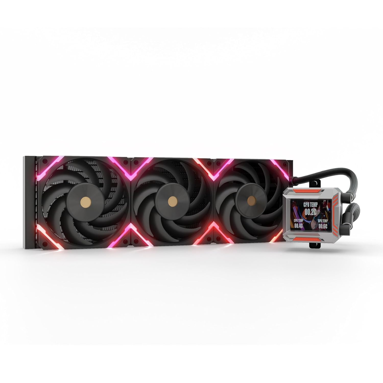 Syn 360 Black – AIO CPU Liquid Cooler – LCD Screen Inside PC – 3X Fluid Dynamic Bearing X12 Fans, 360mm Water Cooler, Compatible w/AMD AM4/AM5, Ryzen 7 7800x3d, Intel 14900k, LGA1700/1200