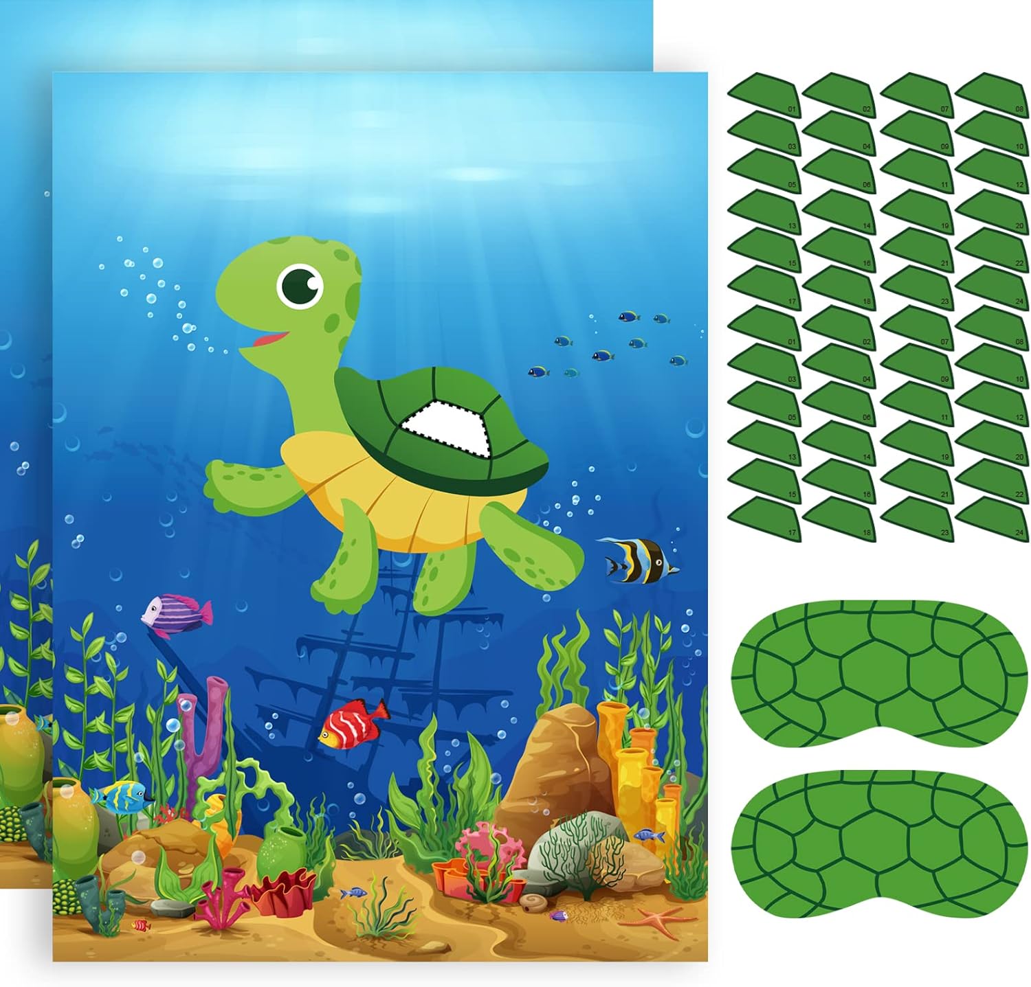 NEBURORA 2 Pack Pin The Shell on The Turtle Party Game 2 Large 21″x 28″ Posters with 48pcs Stickers Ocean-Themed Birthday Party Supplies Decorations for Kids Boys Classroom Game Wall Home Decor