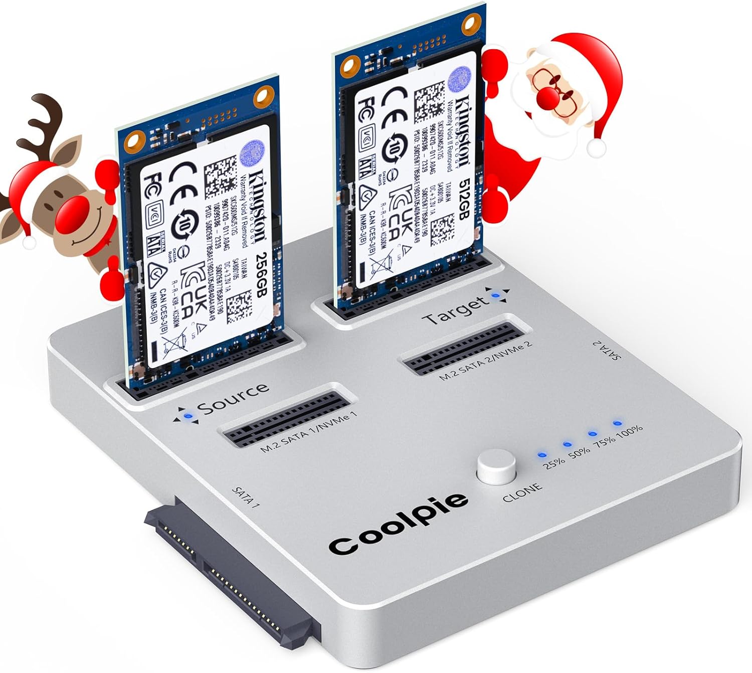 NVME/SATA 3-in-1 SSD Cloner, Coolpie CR311 Offline Clone M.2 Cloner, USB3.2 Gen2*2 20Gbps M.2 Reader, Supports Size for M.2 NVME/SATA、mSATA、SATA 2.5”SSD/HDD、3.5” HDD