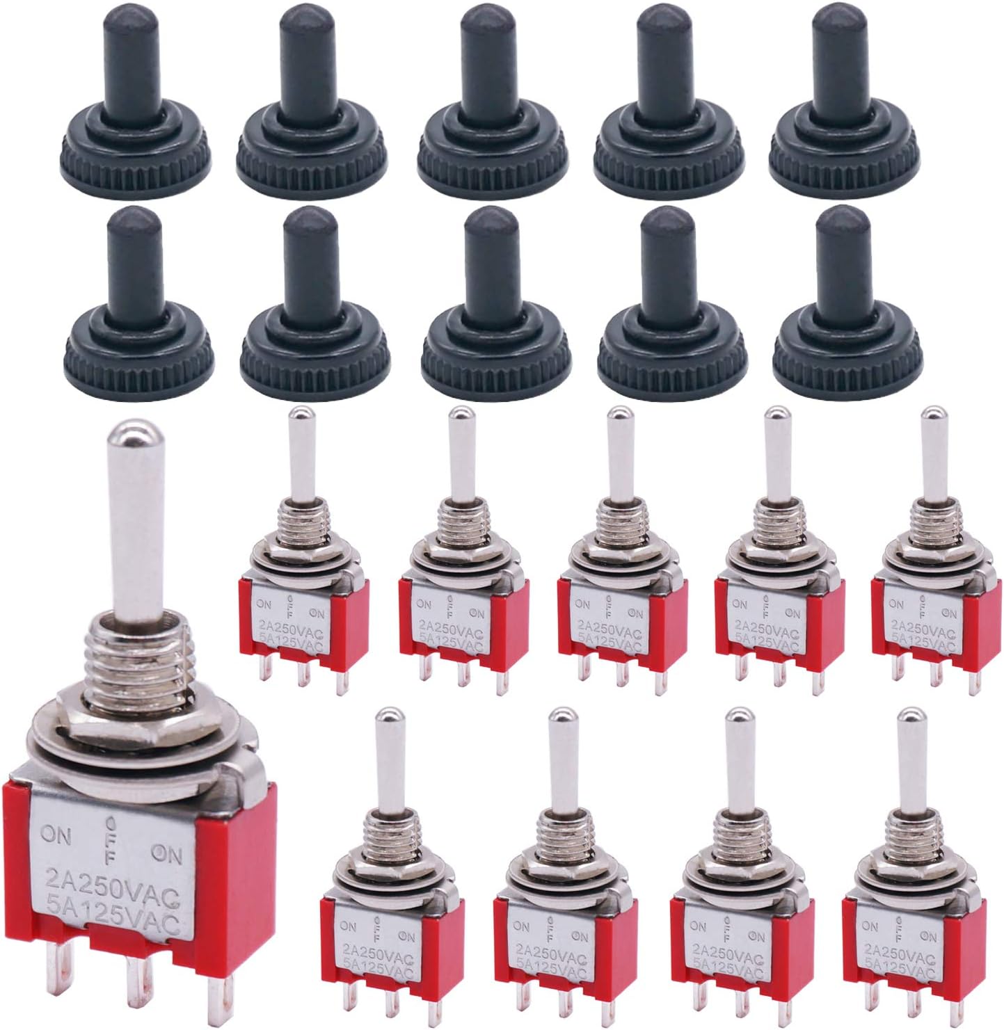 Twidec/10Pcs Mini Toggle Switch SPDT 3 Position 3 Pins ON/Off/ON AC 125V 5A Car Boat Switches with Waterproof Cap MTS-103MZ