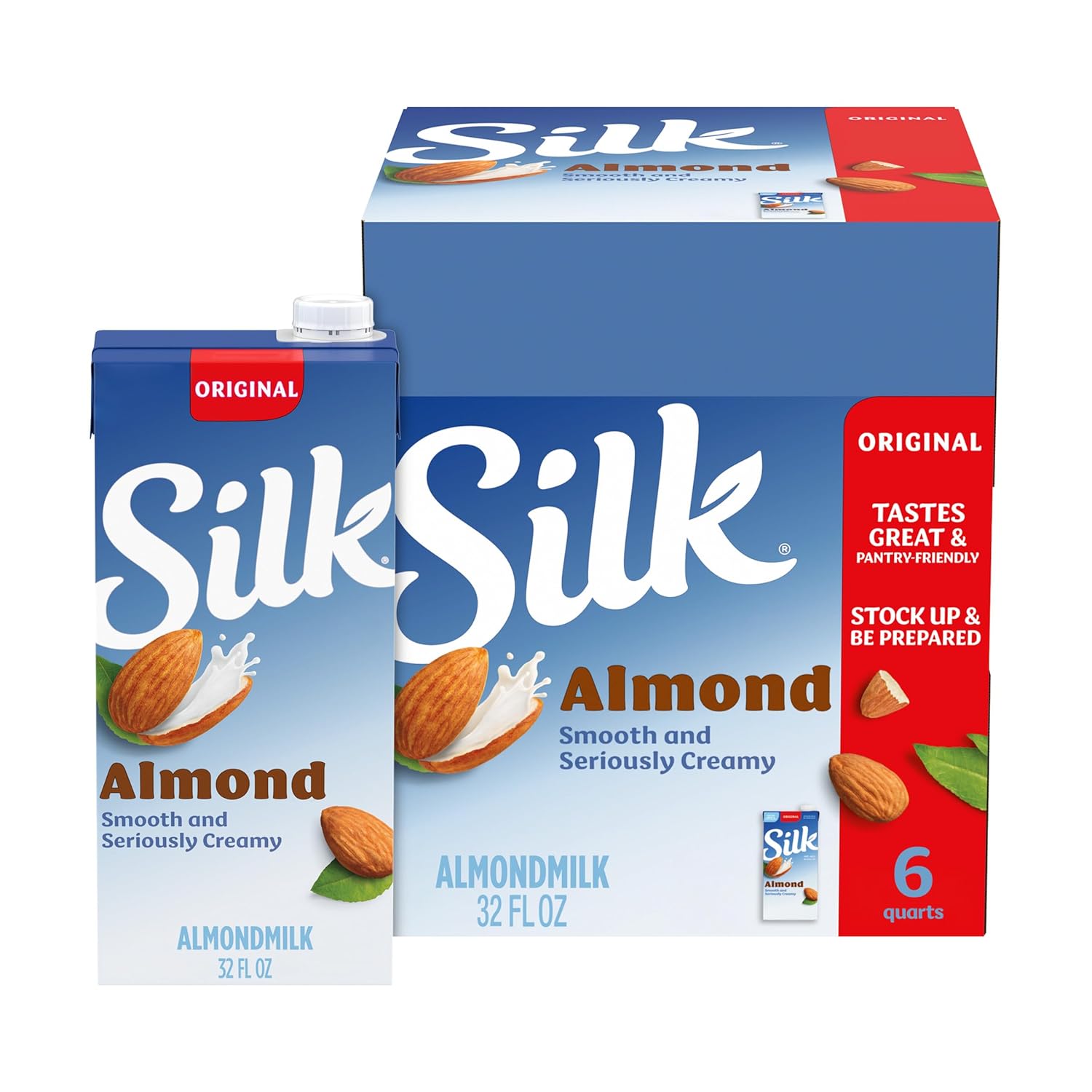 Silk Shelf-Stable Almond Milk, Original, Dairy-Free, Vegan, Non-GMO Project Verified, 1 Quart (Pack of 6)