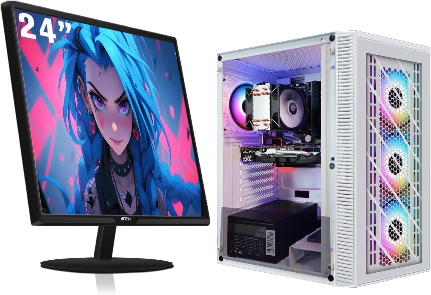 STGAubron Gaming PC Bundle with 24Inch FHD LED Monitor-Radeon RX 470 8G, Intel 10th Gen G5905 3.5G, 16G DDR4, 512G SSD, RGB Fan x4, RGB Mouse Pad, Windows 11 Home, White