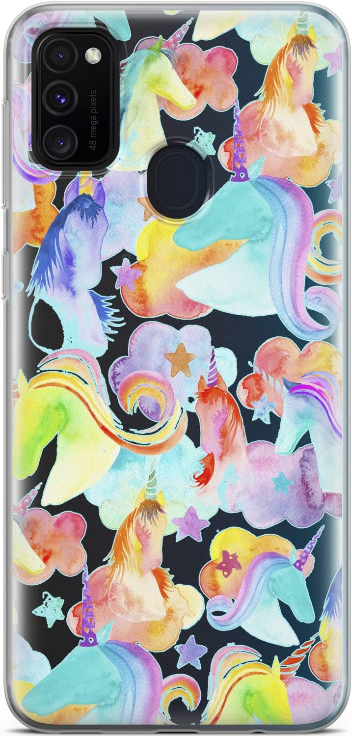 Clear Phone Case Compatible with Samsung Galaxy M80s F52 M51 M32 M30s M20 C10 Silicone Cover Watercolor Colorful Design Women Unicorns TPU Girls Lightweight Slim Flexible Horse Protective Art