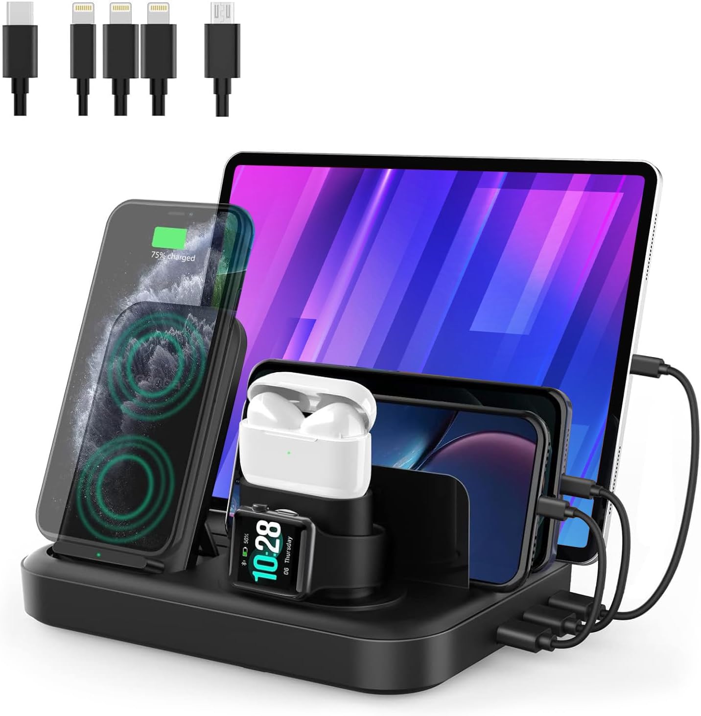 seenda 6 in 1 Multiple Charging Station with 10W Wireless Charger Stands for iPhone/Android Smart Phone, Apple Watch, AirPods and USB Ports for iPad, Tablet, Power Bank, etc.