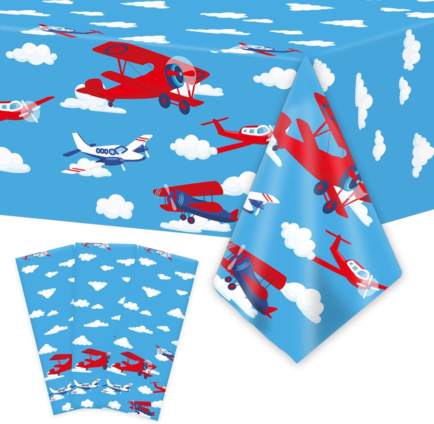 Wiooffen 3pcs Airplane Party Tablecloth Supplies Plane Plastic Table Cloth Helicopter Blue Sky Theme Table Cover Favors Disposable Tablecloths Birthday Decorations for Kids, 54” x 108”