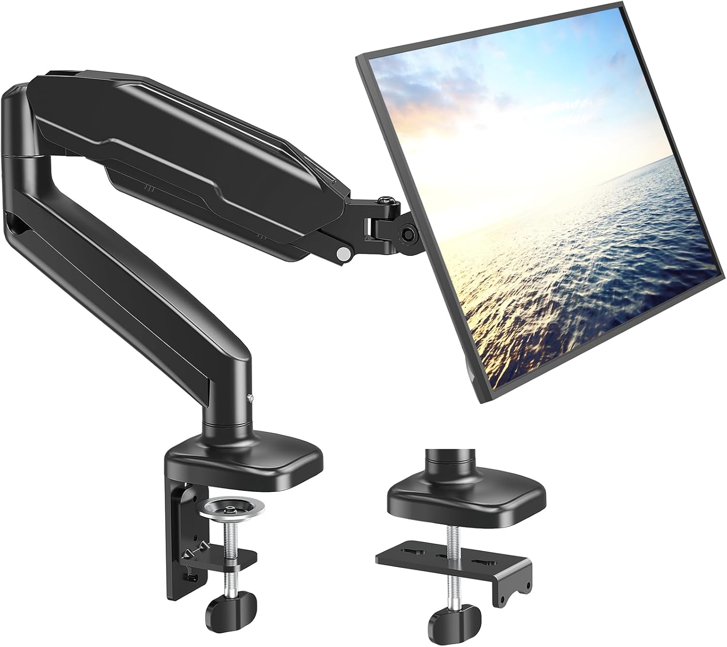 MOUNT PRO Single Monitor Desk Mount – Articulating Gas Spring Arm, Removable VESA Stand with Clamp and Grommet Base Fits 13 to 32 Inch LCD Computer Monitors, 75×75, 100×100