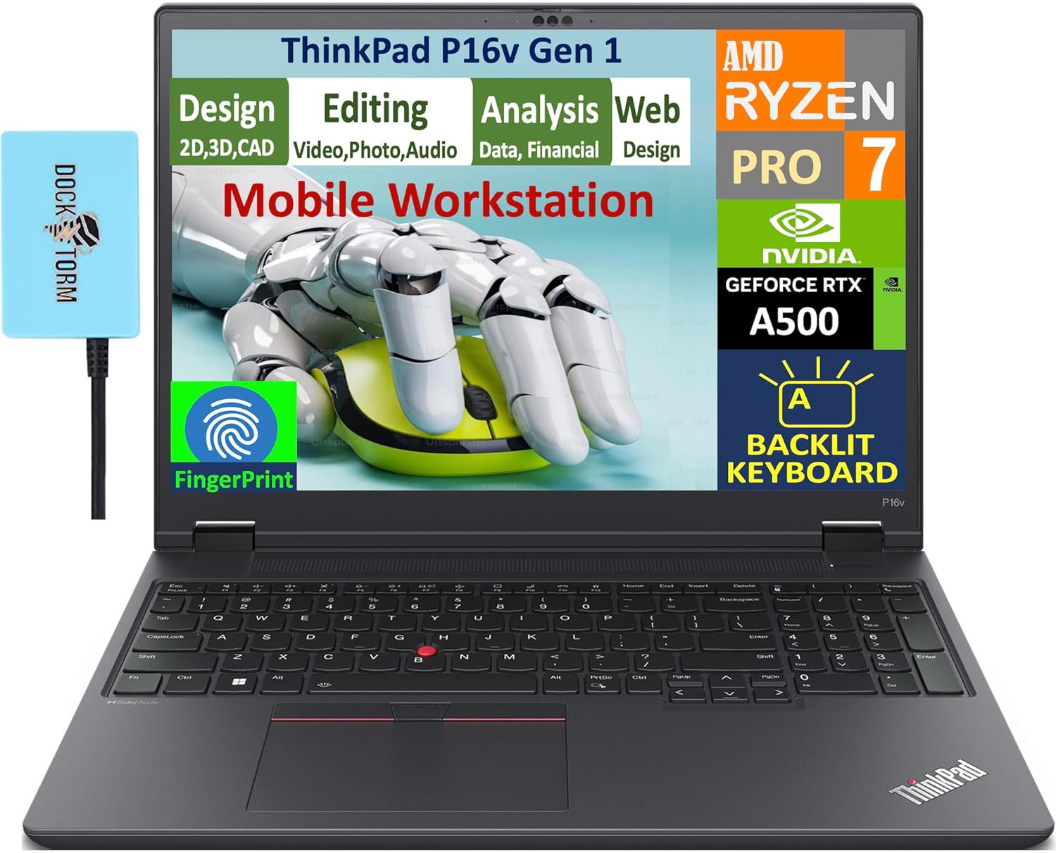 Lenovo ThinkPad P16v Gen 1 Mobile Workstation 16.0″ IPS WUXGA (AMD Ryzen 7 PRO 7840HS, RTX A500 4GB, 32GB DDR5, 2TB PCIe SSD, Backlit KB, Fingerprint, Win 11 Pro) w/DKZ Hub USB Port Expander