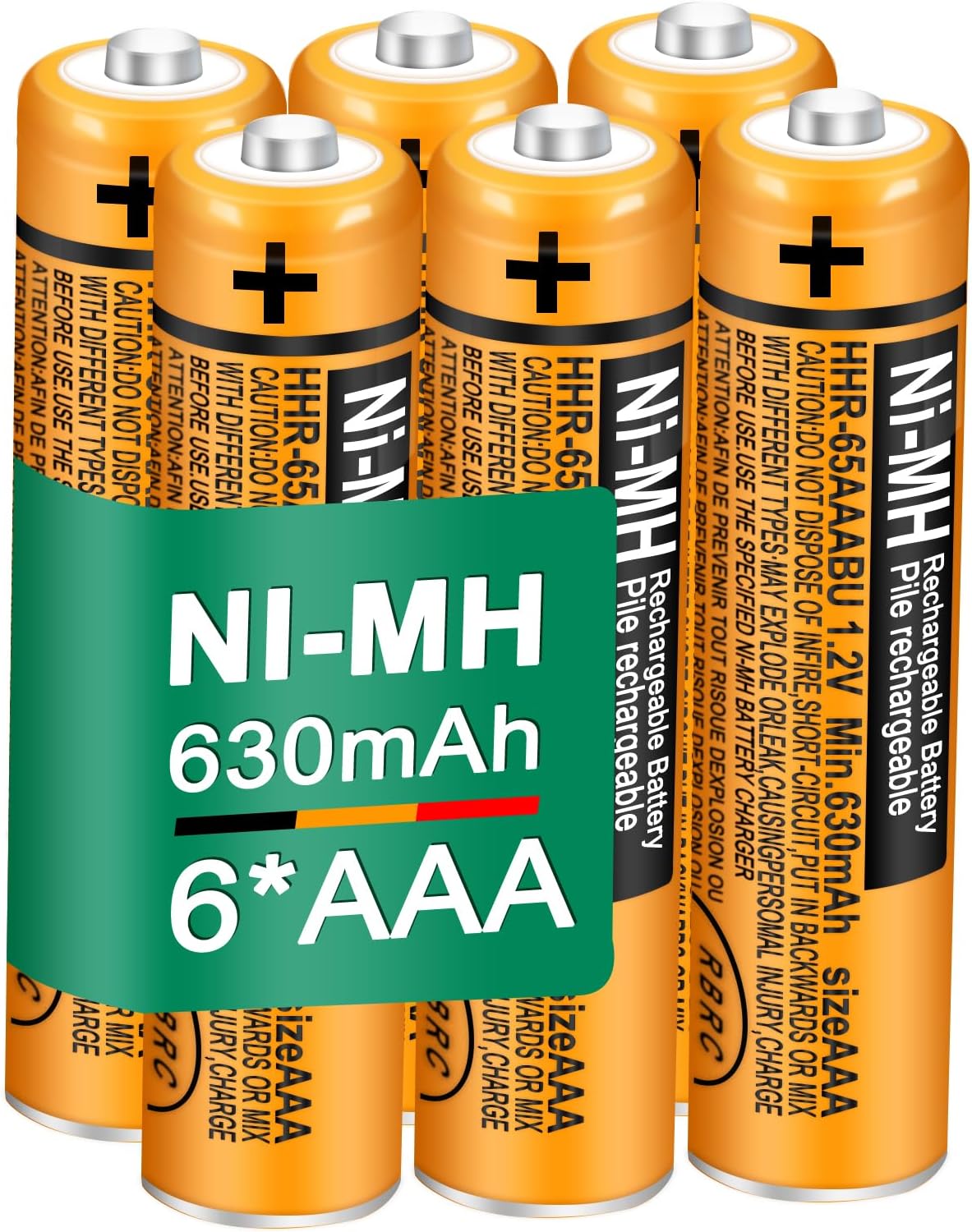 6 Pack HHR-65AAABU NI-MH Rechargeable Batteries 1.2V 630mAh AAA Battery for Panasonic Cordless Telephone Batteries