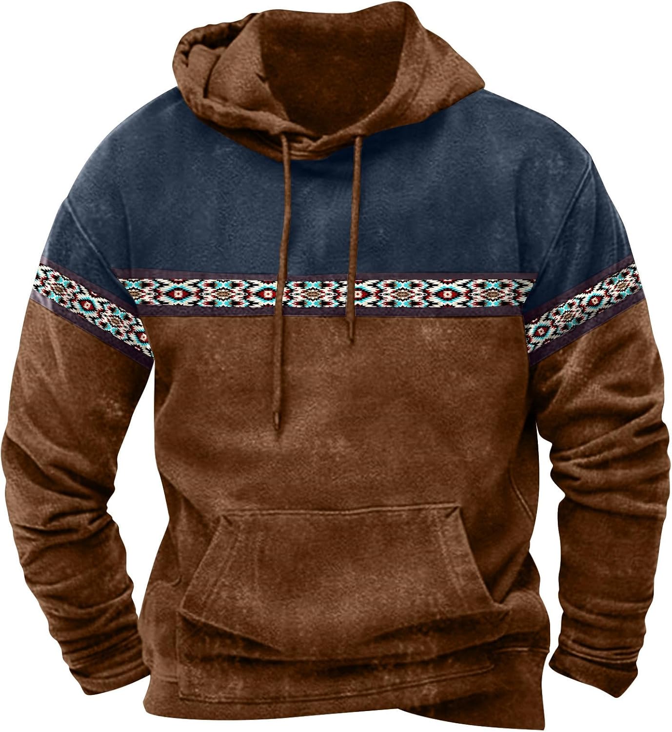 Men’s Sweatshirts Winter Casual Drawstring Long Sleeved Vintage Printed Pocket Comfortable Loose Hooded Sweatshirt