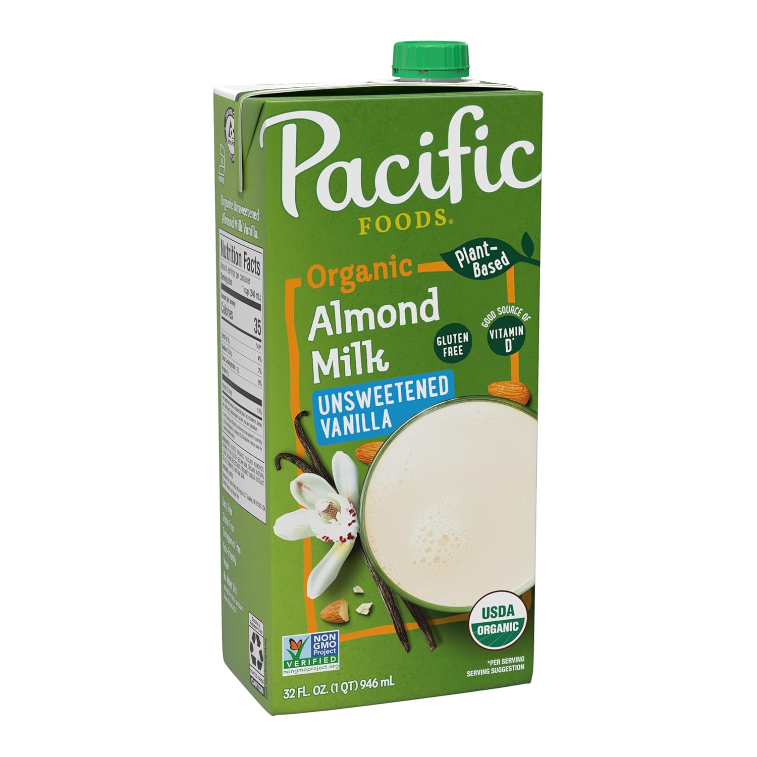 Pacific Foods Organic Unsweetened Vanilla Almond Milk, Plant Based Milk, 32 oz Carton