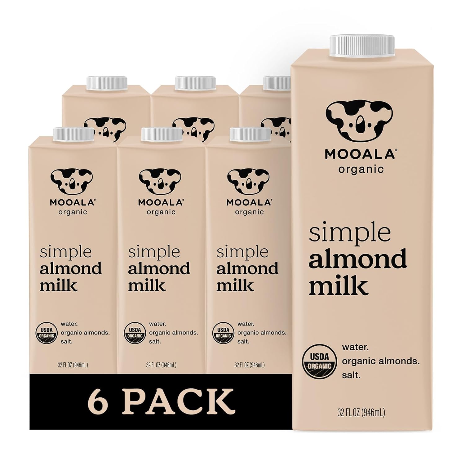 Mooala Organic Simple Almond Milk, 32oz – 3 Ingredient, Shelf Stable, No Gums, No Oils, No Fillers, Unsweetened, Non-GMO, No Additives, Dairy Free Plant Based Milk, 6 pack