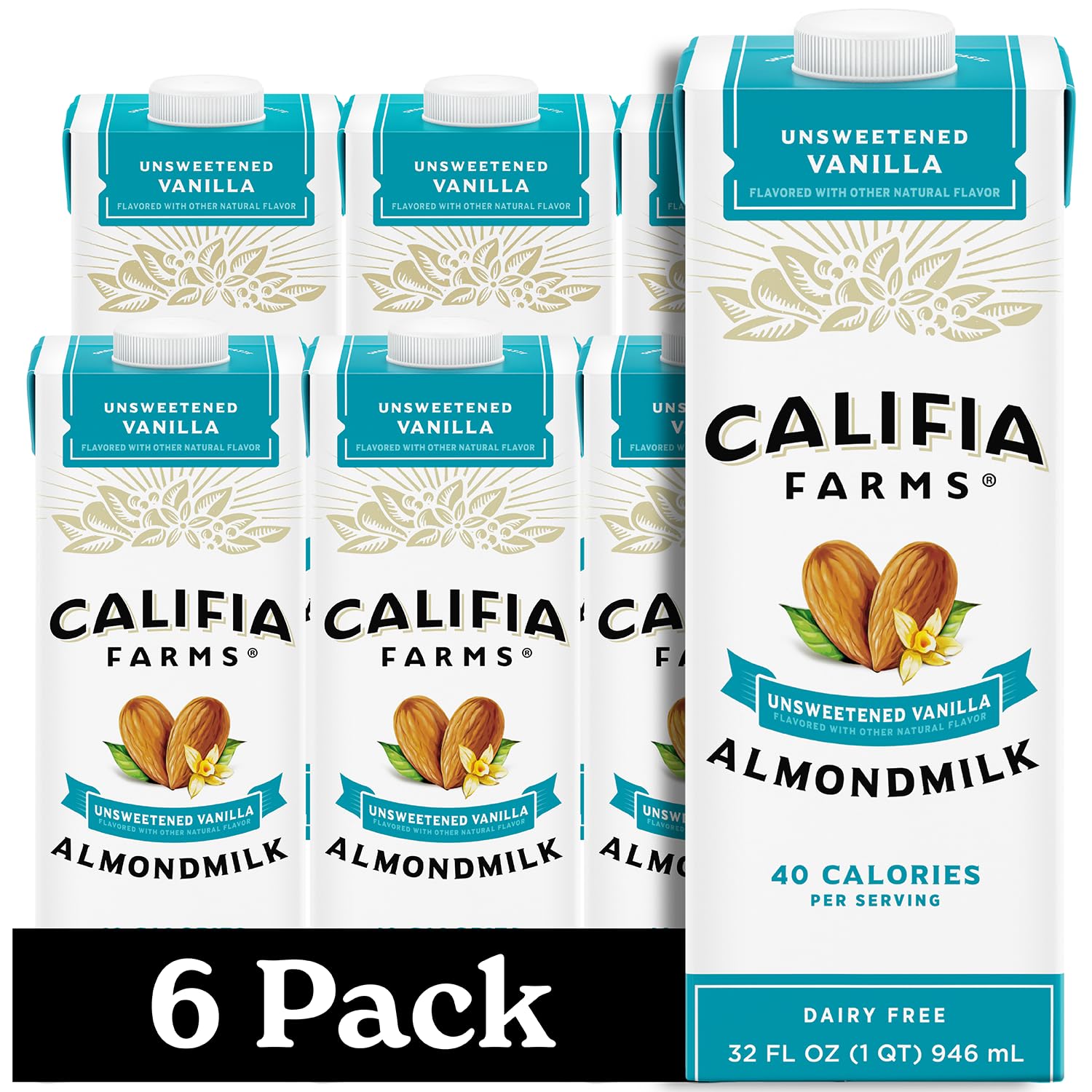 Califia Farms – Unsweetened Vanilla Almond Milk, 32 Oz (Pack of 6), Dairy Free, Vegan, Plant Based, Keto, Shelf Stable, Vegan, Gluten Free, Non GMO, Sugar Free, High Calcium, Smoothie