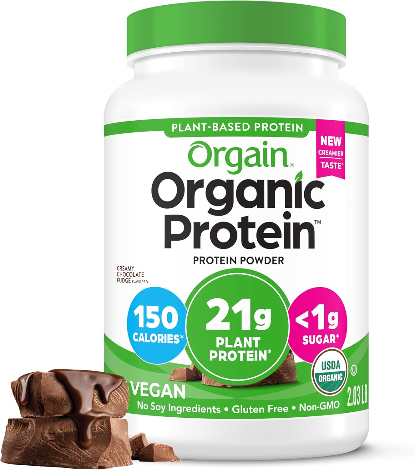 Orgain Organic Vegan Protein Powder, Creamy Chocolate Fudge – 21g Plant Protein, 7g Prebiotic Fiber, No Lactose Ingredients, No Added Sugar, Non-GMO, Shakes & Smoothies, 2.03 lb (Packaging May Vary)