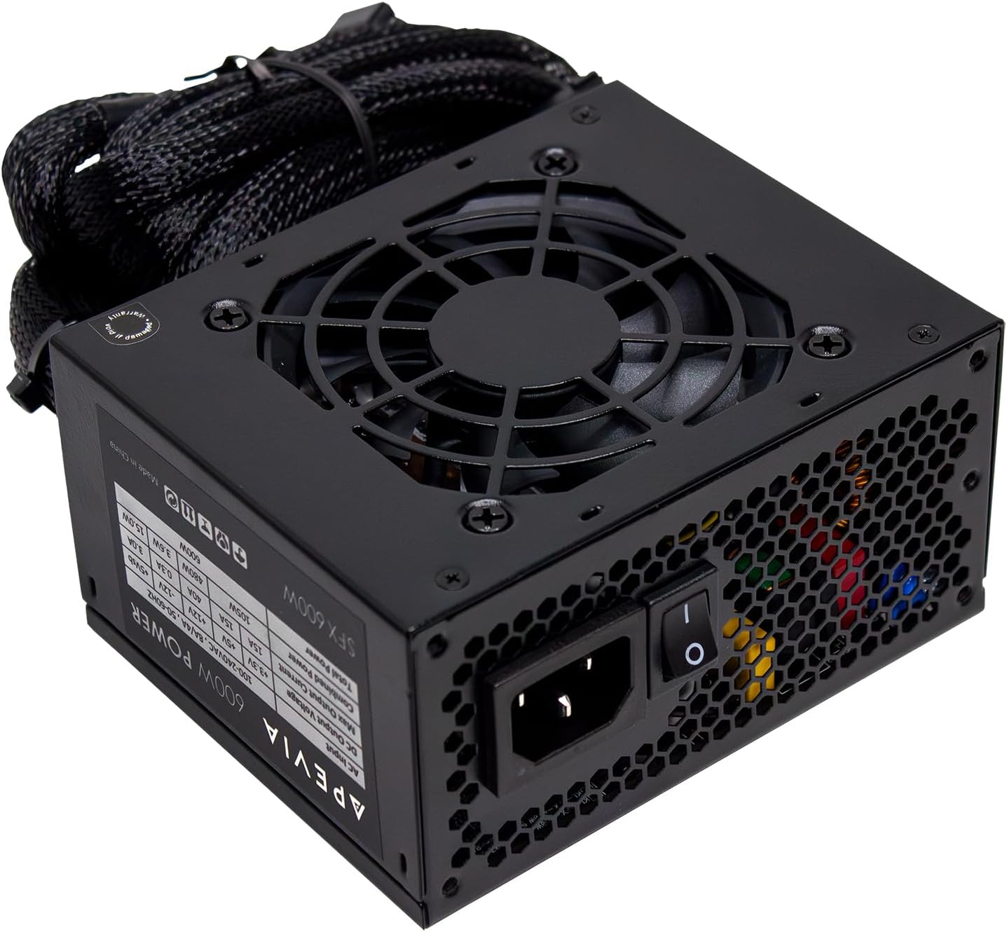 Apevia SFX-AP600W SFX PFC 600W / Micro-ATX, Fixed Cables, Full Range Active PFC 90-264V, Low Noise Desktop Gaming Server SFX Form Factor Computer Power Supply