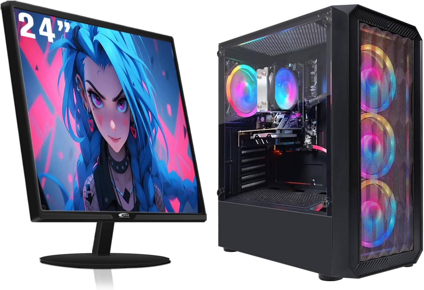 STGAubron Gaming PC Bundle with 24Inch FHD LED Monitor-Radeon RX 580 16G, AMD RYZEN 5 PRO 2600 3.4GHZ, 16G DDR4, 512G SSD, RGB Fan x4, RGB Mouse Pad, Windows 11 Home