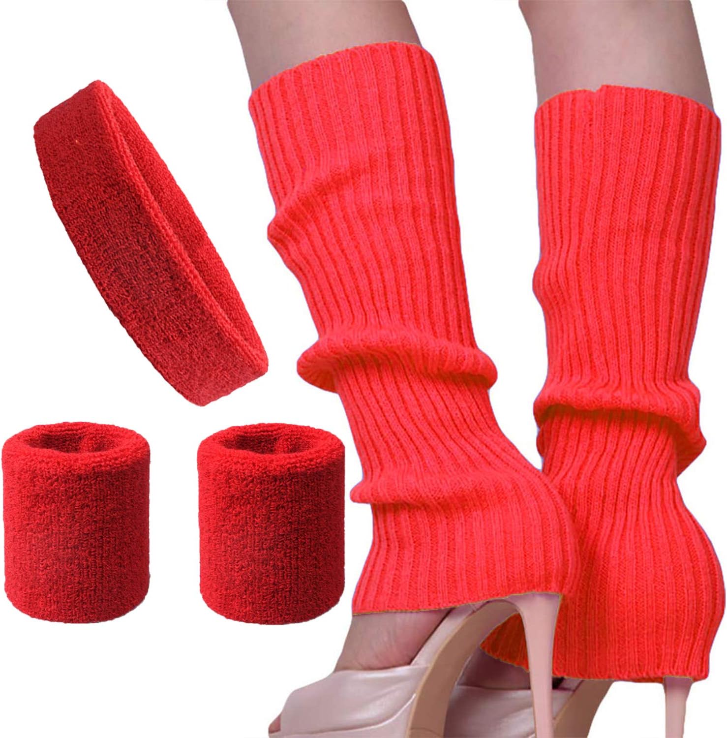 Song Qing Women 80s Dance Plain Ribbed Running Headband Wristbands Knit Crochet Long Leg Warmers Set