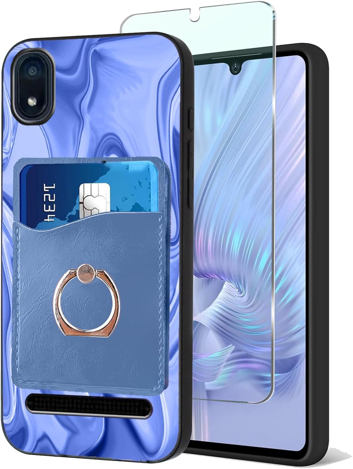 TPU Case for Cloud Mobile Stratus C8, Phone Cover Tempered Glass Screen Protector 9H [2In1 Wallet Case Back Card Slots Stand] Art Blue-Navy Wavy Pattern, Built-in Ring Finger Holder Protective