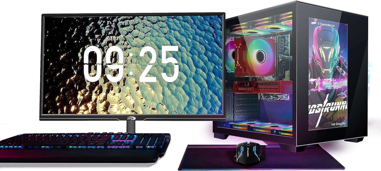 STGAubron Gaming PC Bundle with 24Inch FHD LED Monitor-GeForce RTX 3070 8G, Intel Core i7-11700KF up to 5.0G, 32G DDR4, 2T SSD, RGB Fan x9, RGB Mouse Pad, Windows 11 Home