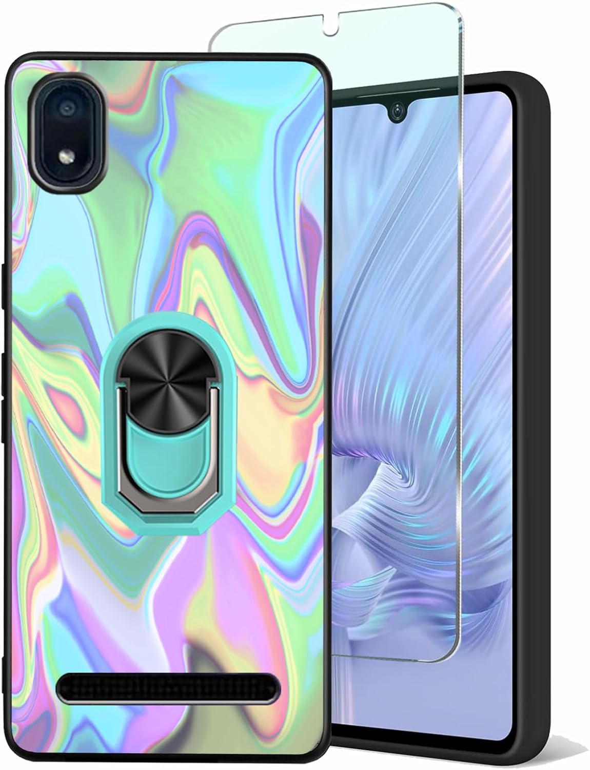 Soft Case for Cloud Stratus C8, Cloud Mobile Stratus C8 Glass Screen Protectors 9H Tempered, Built-in Ring Grip Finger Holder Kickstand [Support Car Magnetic] Multi-Colored Art Wavy Painting