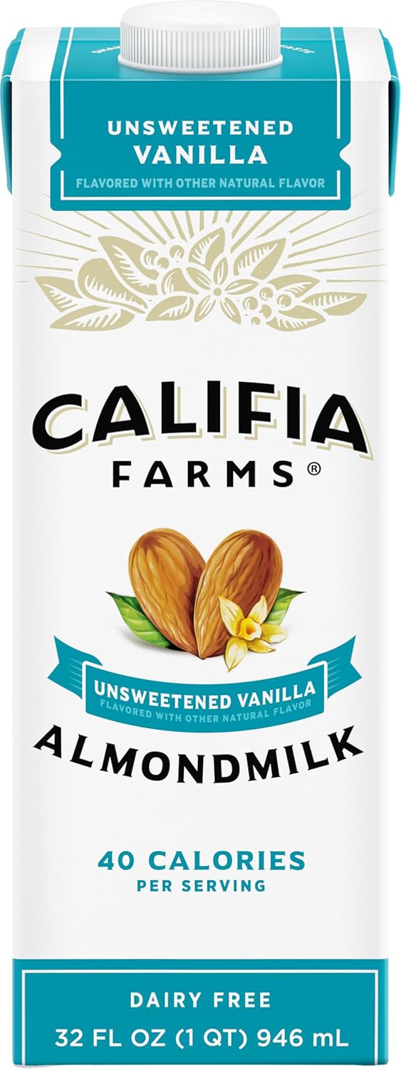 Califia Farms – Unsweetened Vanilla Almond Milk, 32 Oz, Dairy Free, Vegan, Plant Based, Keto, Shelf Stable, Vegan, Gluten Free, Non GMO, Sugar Free, High Calcium, Smoothie