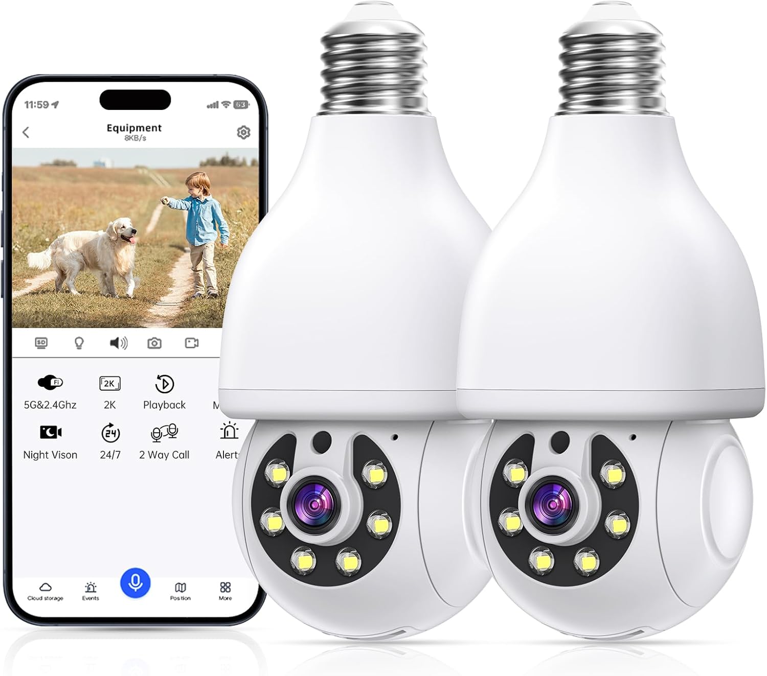 Light Bulb Security Camera, 5G& 2.4GHz WiFi 2K Security Cameras Wireless Outdoor 360 Light Socket Cam Motion Detection,Two-Way Talk,Color Night Vision,Siren Alarm, Eseecloud Front Porch Camera(2-Pack)