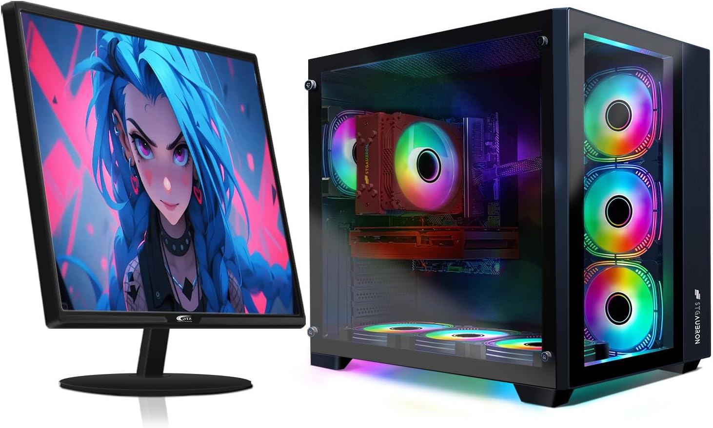 STGAubron Gaming PC Bundle with 24Inch FHD LED Monitor-RTX 3060 12G, Intel Core i7-10700KF up to 5.1G, 16G DDR4, 1T SSD, RGB Fan x7, RGB Sound Bar & Gaming Mic, W11H64