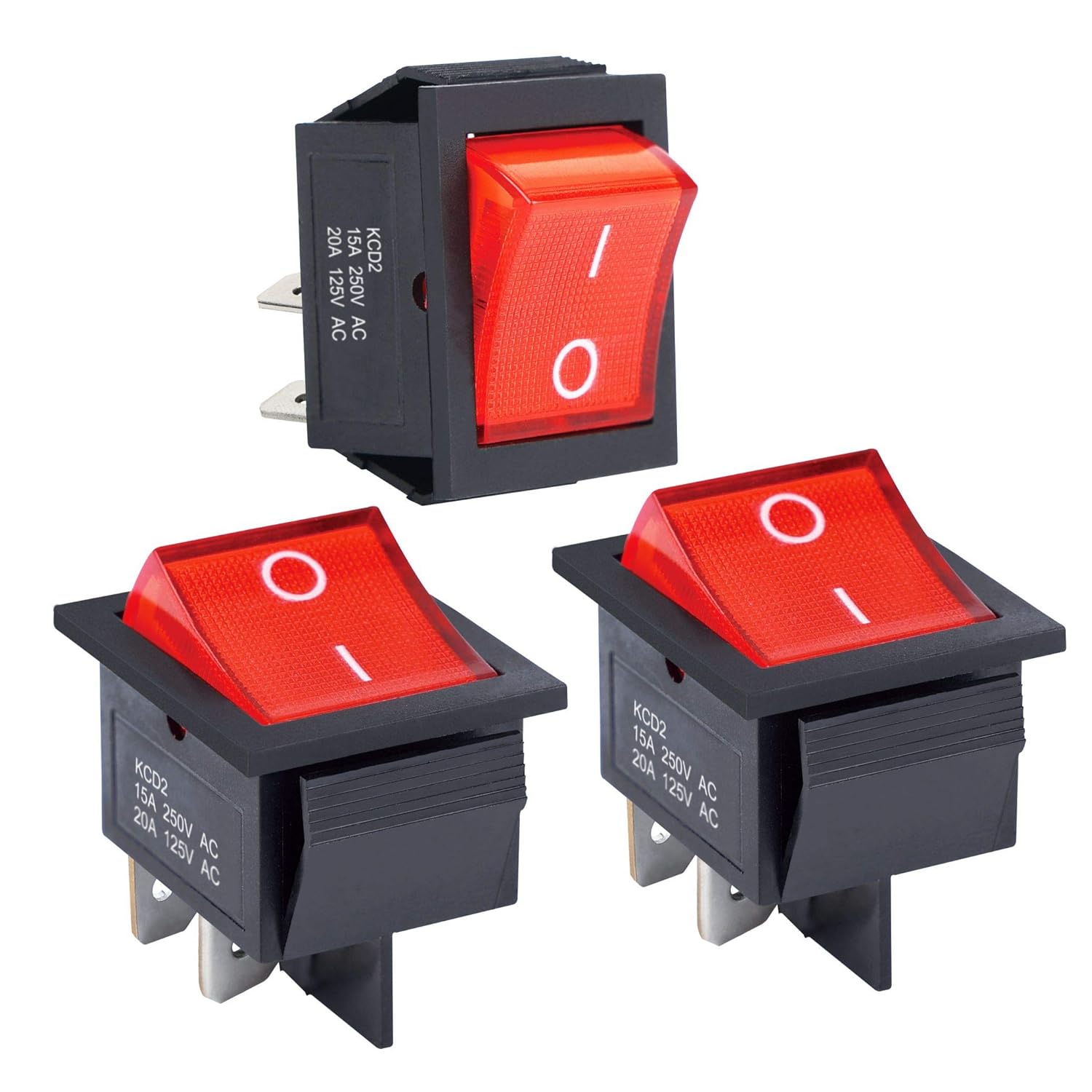 APIELE 3Pcs 2 Position Rocker Toggle Switch ON/Off AC 125V/20A 250V/16A for Boat with LED Light DPST 4 Pins KCD2-201N (Red)