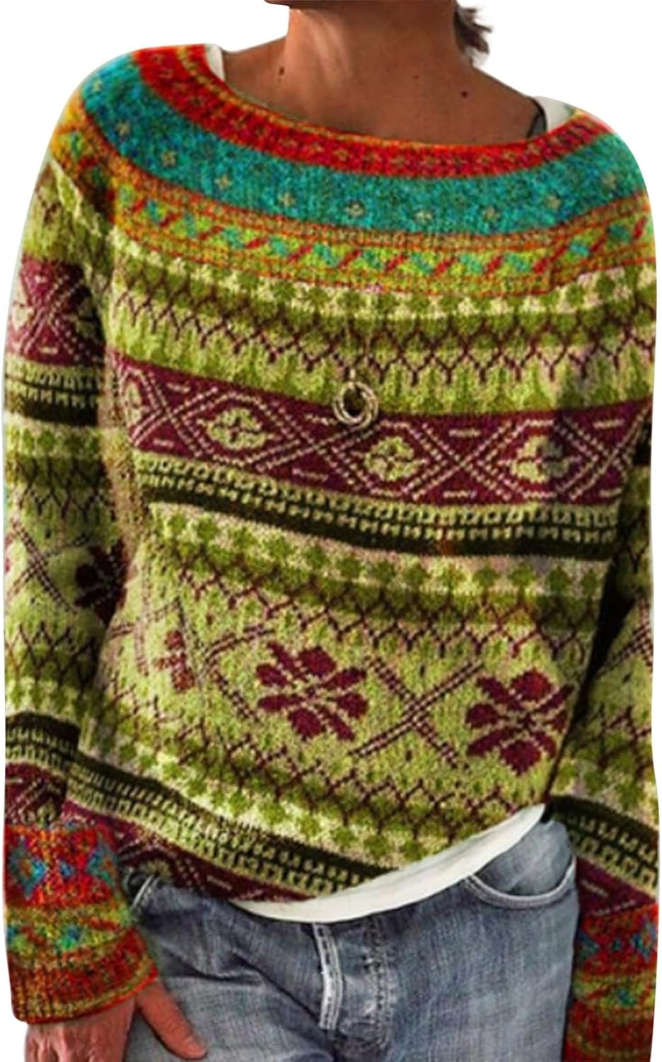 Fair Isle Sweater for Women Trendy Casual Fall Winter Long Sleeve Vintage Crew Neck Knitted Pullover Lightweight Tops