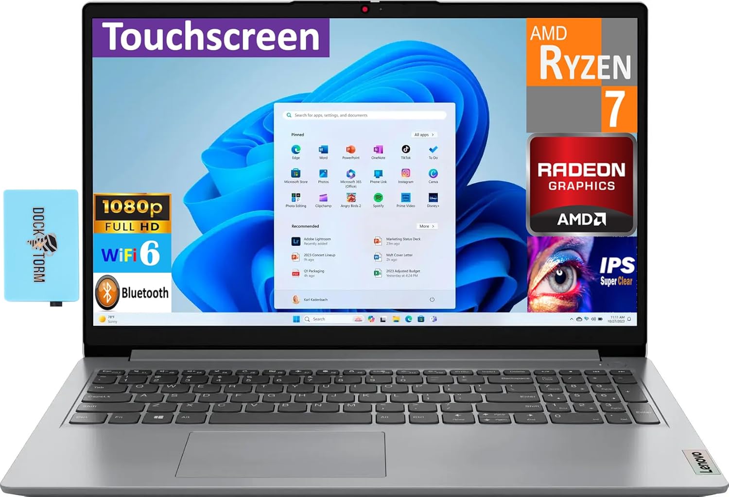 Lenovo Ideapad 1 Student & Business Laptop 15.6″ Touchscreen IPS FHD Display (AMD Ryzen 7 5700U, 16GB RAM, 1TB SSD, AMD Radeon, SD Reader, WiFi 6, Bluetooth 5.2, Webcam, Win 11 Pro) w/DKZ Hub