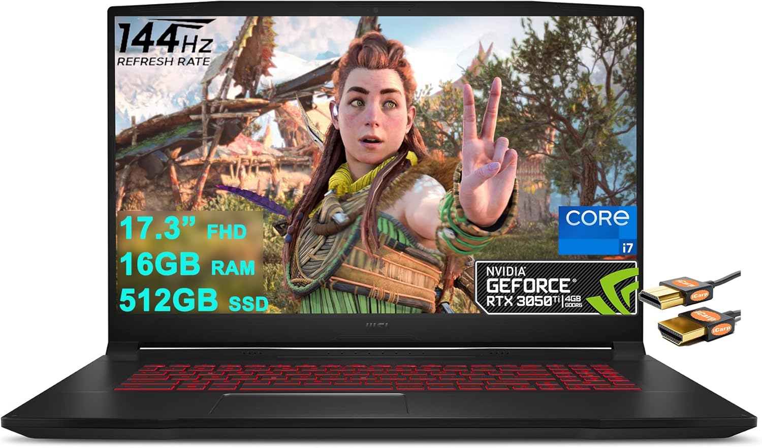 MSI Katana GF76 17 Gaming Laptop 17.3” FHD IPS 144Hz Thin Bezel Display 11th Generation Intel Octa-Core i7-11800H 16GB RAM 512GB SSD GeForce RTX 3050 Ti 4GB Backlit USB-C Nahimic Win10 + HDMI Cable