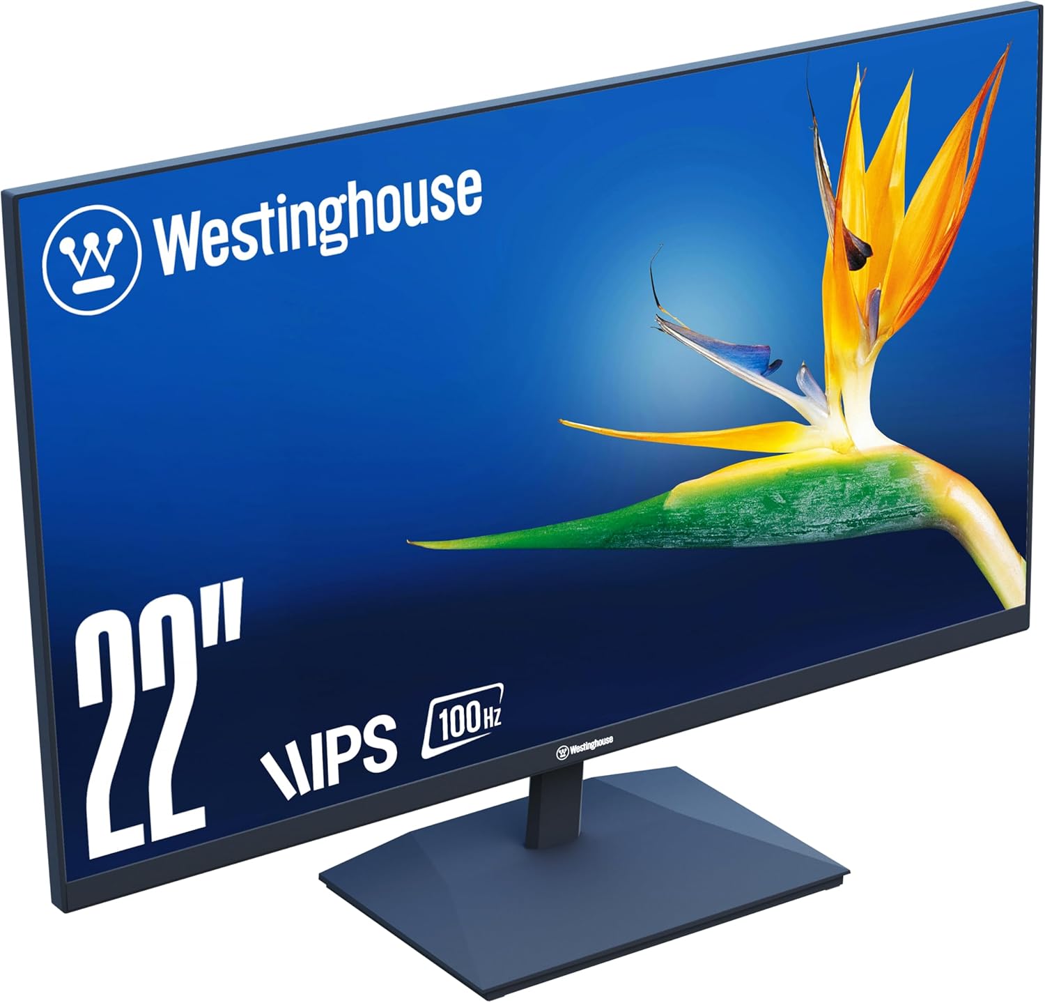 Westinghouse 22 Inch Computer Monitor, 100Hz, 1080p Full HD IPS Display, Adaptive Sync, Blue Light Protection, Home Office PC Monitor with Built in Speakers, HDMI, VGA, for Work & Productivity