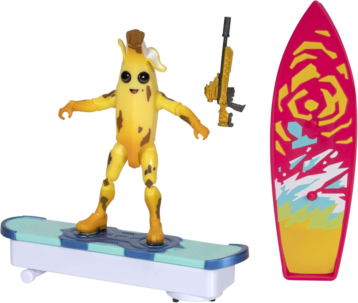 Fortnite Transforming Driftboard Vehicle – Interchangeable Surfboard and Driftboard Faceplates – Includes 4 Inch Peely Figure, Plus Storm Scout Sniper Rifle – Electronic Bump & Go Action