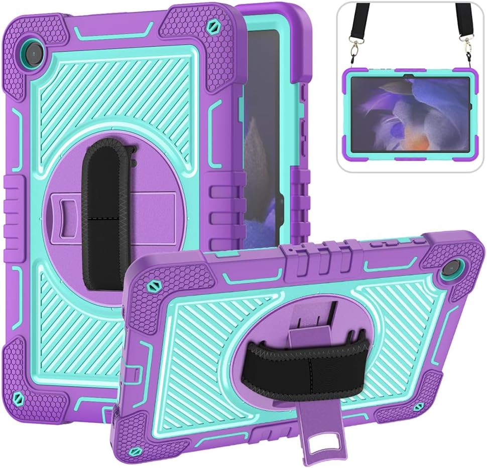 Tablet Case for Samsung Galaxy Tab A9+ SM-X210, SM-X215, SM-X216B 11.0 inches, Tablet Shockproof Cover with 360° Rotating Stand and Wrist Strap, Shoulder Strap Purple+Mint Green