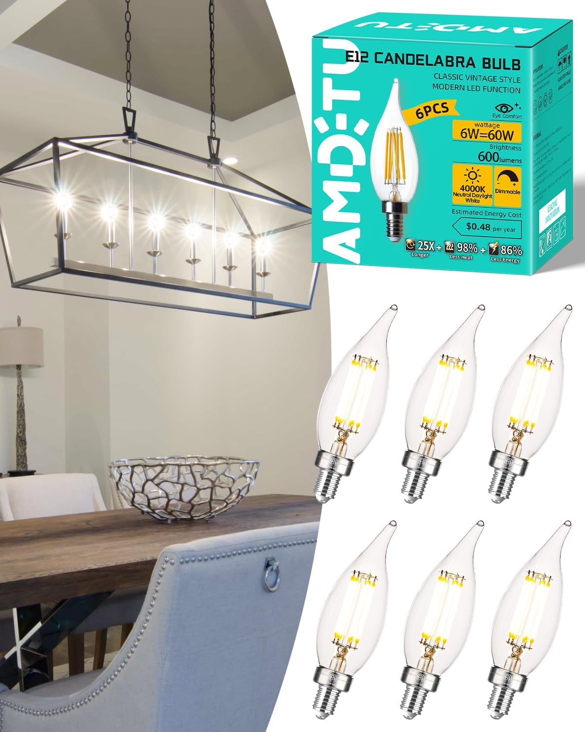 AMDTU E12 60 Watt Equivalent LED Candelabra Bulb CA10 Candle 4000K Daylight Dimmable Small Base Chandelier Light, Ideal for Dining Rooms, Living Rooms, and Porches, Long-Lasting Cozy Indoor Light