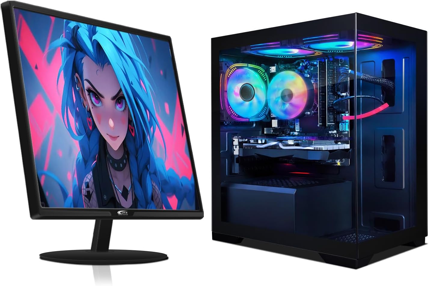 STGAubron Gaming PC Bundle with 24Inch FHD LED Monitor-RX 580 16G, Intel Core i7 up to 3.9G, 16G RAM, 512G SSD, RGB Fan x3, RGB Sound Bar, Windows 10 Home