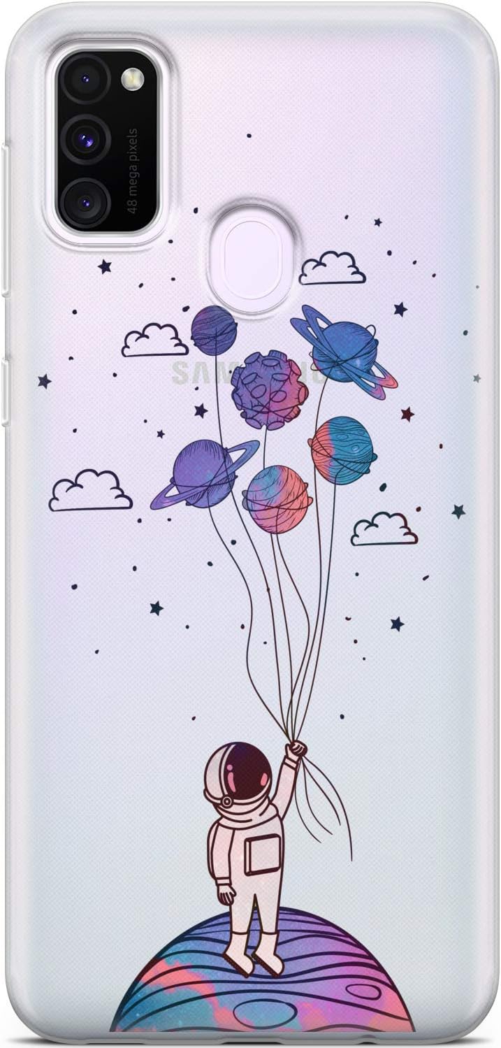 Clear Phone Case Compatible with Samsung Galaxy M80s F52 M51 M32 M30s M20 C10 Kawaii Planets Protective Flexible Space Slim TPU Design Silicone Astronaut Lightweight Cover Cute Balloons