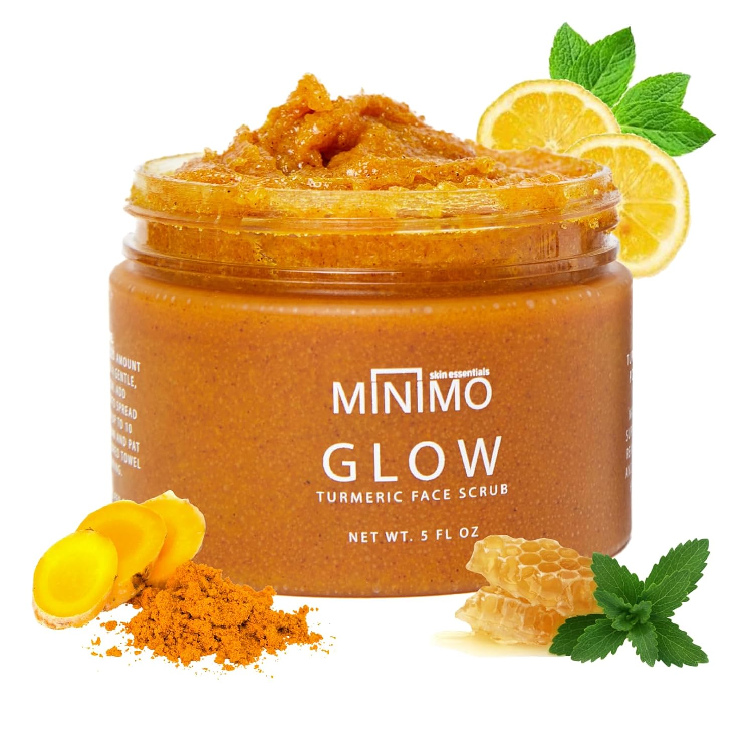 Minimo Glow Turmeric Face Scrub (Citrus Peach) – Infused with Turmeric, Manuka Honey, Cinnamon, and Chamomile – Turmeric Glow Face Scrub for All Skin Types – 5 FL OZ (147 ML)